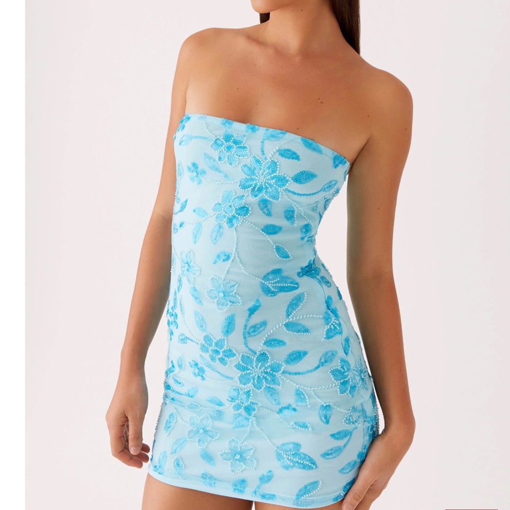Peppermayo Mooney Strapless Blue Floral Mini Dress